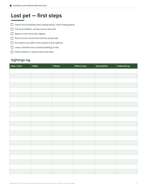 Preview of Printable Lost Pet Search Checklist